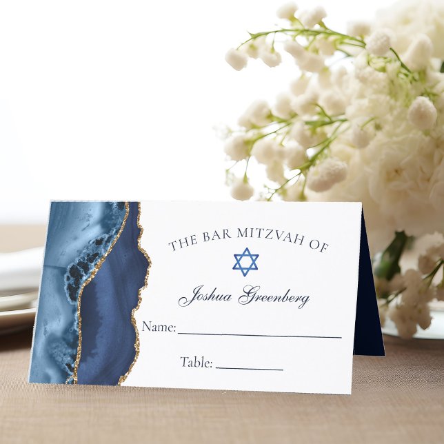 Elegant Navy Blue Gold Bar Mitzvah Place Card (Creator Uploaded)