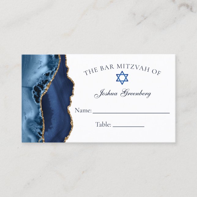 Elegant Navy Blue Gold Bar Mitzvah Place Card (Front)