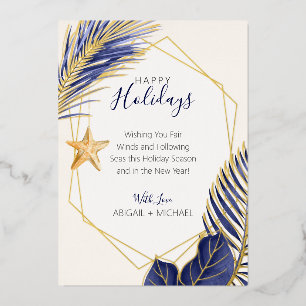 Elegant Navy Blue & Gold Beach Tropical Christmas Foil Holiday Card