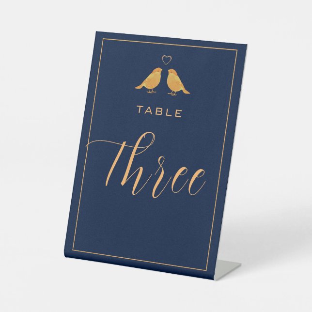 Elegant Navy Blue Gold Birds Table Number Pedestal Sign (Front)