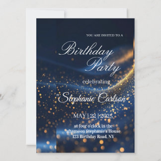 Elegant Navy Blue & Gold Birthday Party Invitation