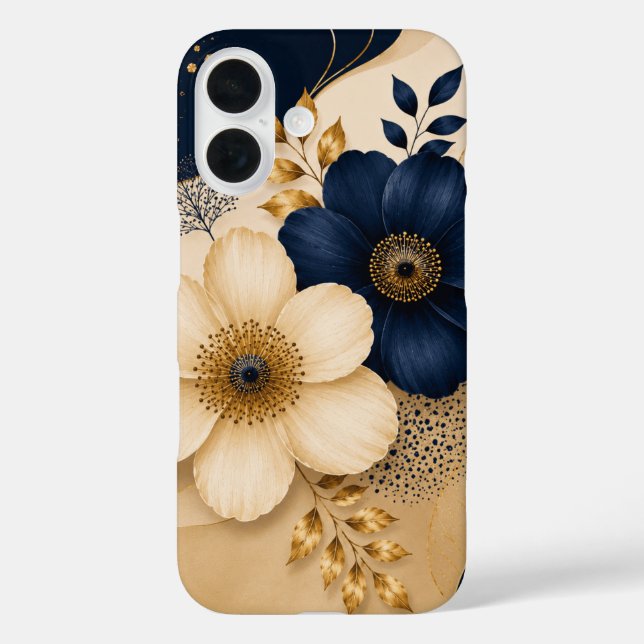 Elegant Navy Blue & Gold Botanical Floral Pattern Case-Mate iPhone Case (Back)