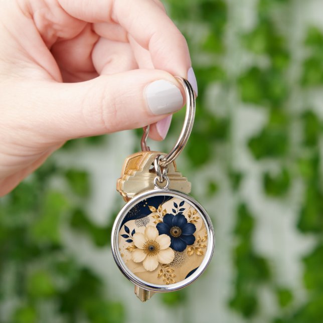 Elegant Navy Blue & Gold Botanical Floral Pattern Keychain (Hand)