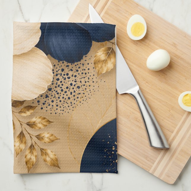 Elegant Navy Blue & Gold Botanical Floral Pattern Kitchen Towel (Quarter Fold)
