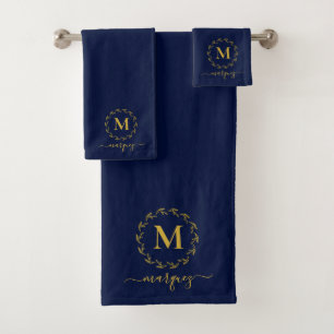 Elegant Navy Blue Gold Botanical Wreath Monogram Bath Towel Set