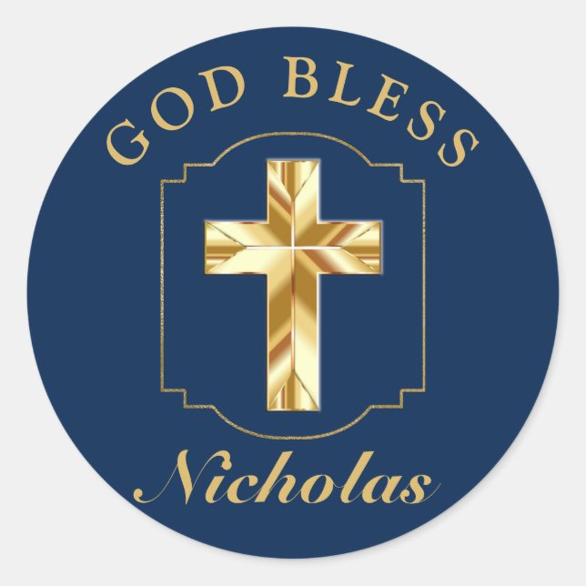 Elegant Navy Blue Gold Boys Confirmation GOD BLESS Classic Round Sticker (Front)