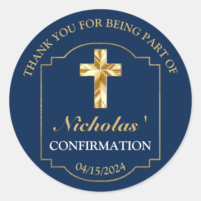 Elegant Navy Blue Gold Boys Confirmation Thank You Classic Round Sticker (Front)