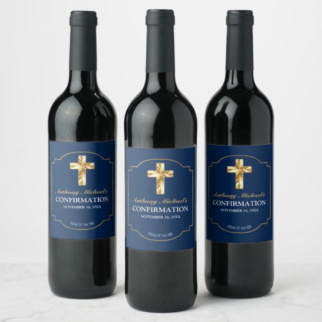 Elegant Navy Blue Gold Boys Confirmation Wine Label (Bottles)