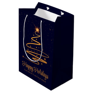 Elegant Navy Blue Gold Christmas Tree Custom Medium Gift Bag