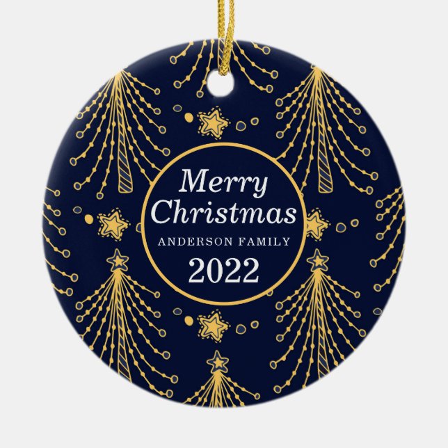 Elegant Navy Blue Gold Christmas Tree Star Pattern Ceramic Ornament (Front)