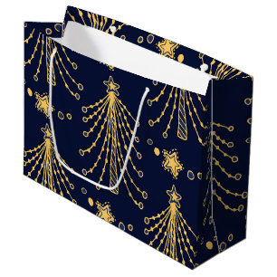 Elegant Navy Blue Gold Christmas Tree Star Pattern Large Gift Bag
