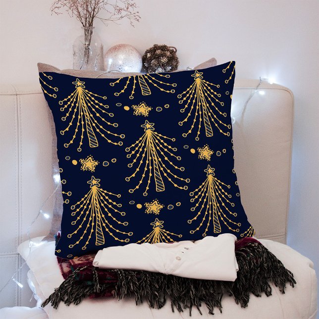 Elegant Navy Blue Gold Christmas Tree Star Pattern Throw Pillow (Creator Uploaded)