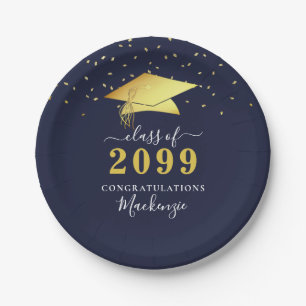 Elegant Navy Blue Gold Confetti Script Graduation Paper Plate