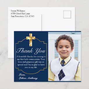 Elegant Navy Blue Gold Cross 1st Communion Thank Y Postcard