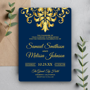 Elegant Navy Blue Gold Damask Wedding Invitation