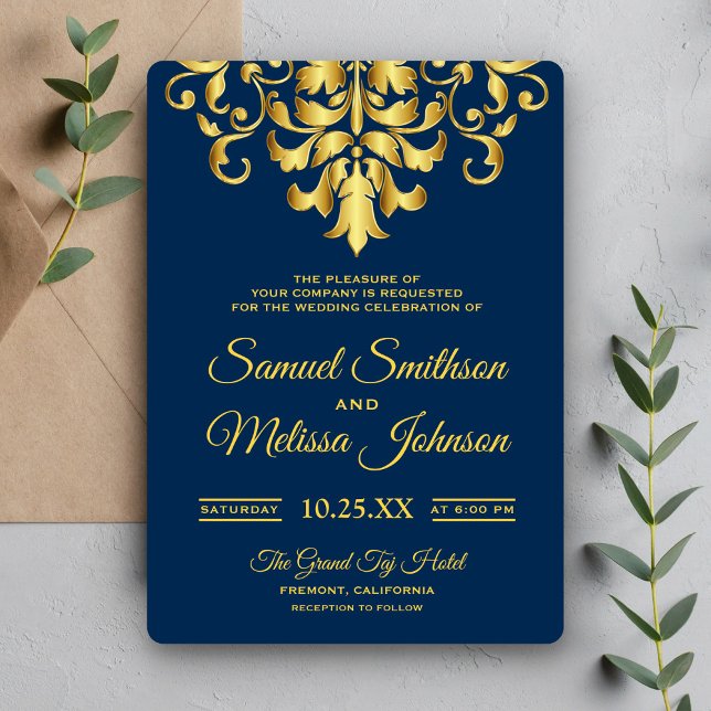 Elegant Navy Blue Gold Damask Wedding Invitation (Creator Uploaded)