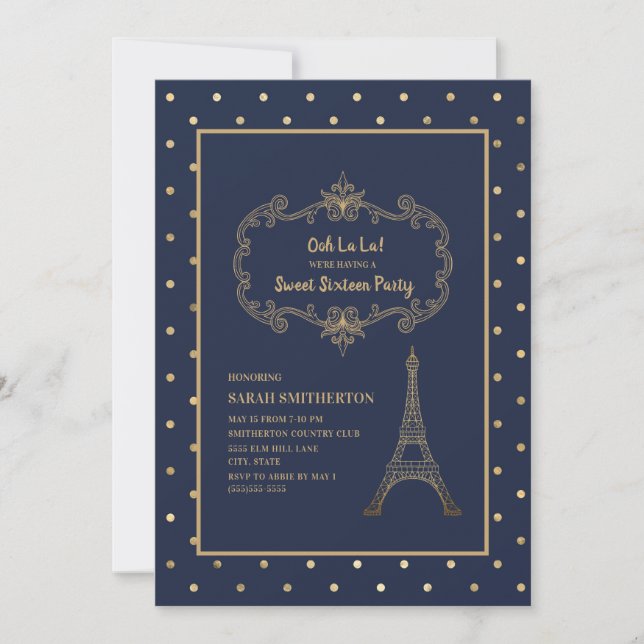 Elegant Navy Blue Gold Eiffel Tower Sweet 16 Invitation (Front)