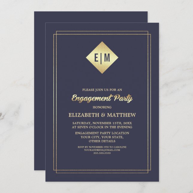 Elegant Navy Blue | Gold Engagement Party  Invitation (Front/Back)