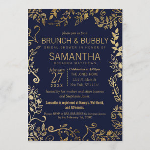 Elegant Navy Blue Gold Floral Brunch Bubbly Invitation