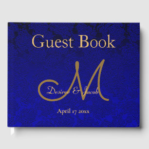 Elegant Navy Blue Gold Floral Modern Monogram Guest Book