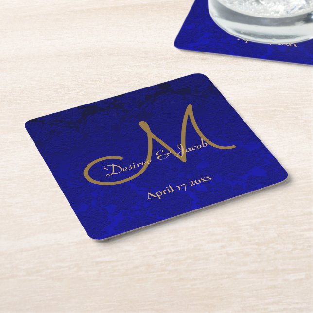 Elegant Navy Blue Gold Floral Modern Monogram Square Paper Coaster (Angled)