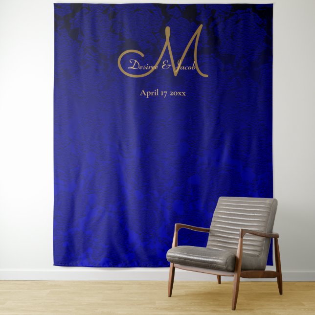 Elegant Navy Blue Gold Floral Monogram Backdrop Tapestry (In Situ)