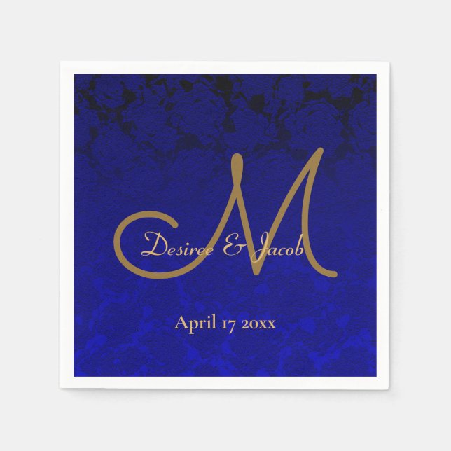 Elegant Navy Blue Gold Floral Monogram Napkin (Front)