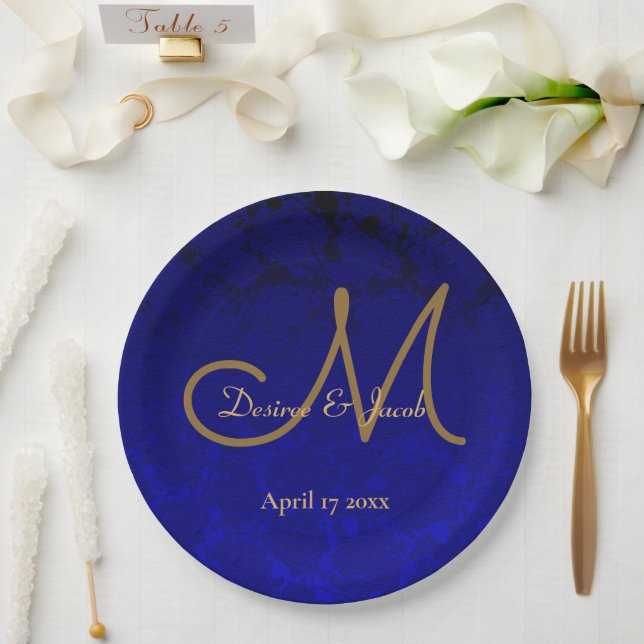 Elegant Navy Blue Gold Floral Monogram Paper Plate (Wedding)