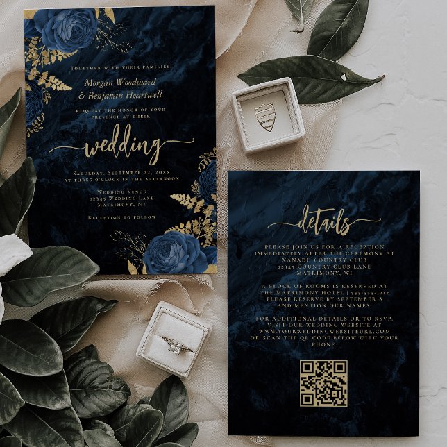 Elegant Navy Blue Gold Floral QR Code Wedding Invitation (Creator Uploaded)