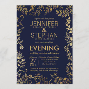 Elegant Navy Blue Gold Floral Reception Invitation