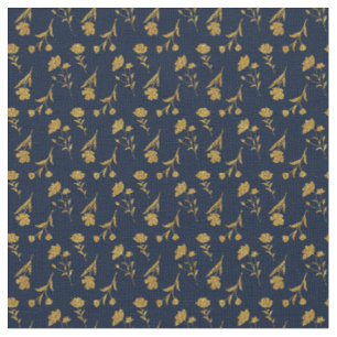 Elegant Navy Blue Gold Floral Seamless Pattern Fabric