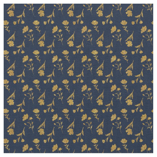 Elegant Navy Blue Gold Floral Seamless Pattern Fabric (Close Up)