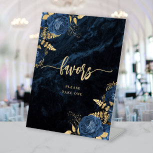 Elegant Navy Blue Gold Floral Wedding Favours Pedestal Sign