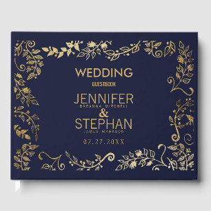 Elegant Navy Blue Gold Floral Wedding Guest Book