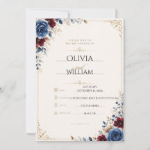 Elegant Navy Blue & Gold Floral Wedding Invitation