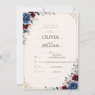 Elegant Navy Blue & Gold Floral Wedding Invitation
