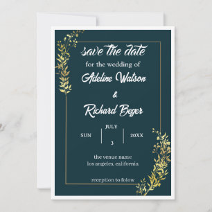 Elegant Navy Blue & Gold Floral Wedding Invitation