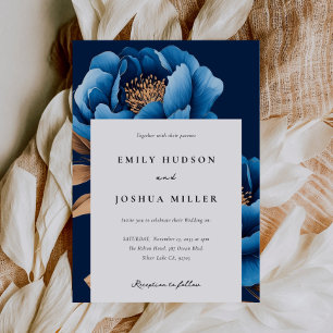 Elegant Navy Blue Gold Floral Wedding Invitation