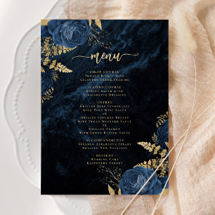 Elegant Navy Blue Gold Floral Wedding Menu Invitation