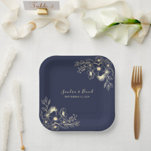 Elegant Navy Blue & Gold Floral Wedding  Paper Plate