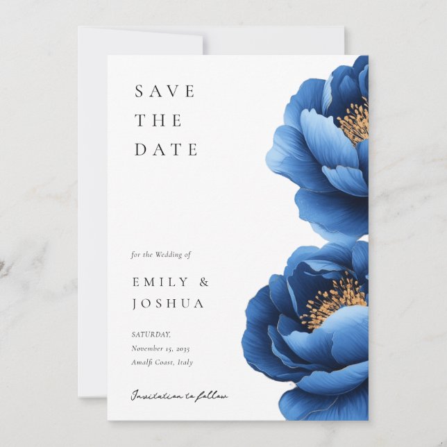 Elegant Navy Blue Gold Floral Wedding Save The Date (Front)