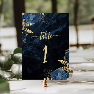 Elegant Navy Blue Gold Floral Wedding Table Number