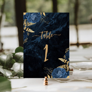 Elegant Navy Blue Gold Floral Wedding Table Number