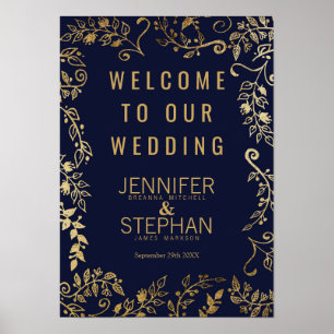 Elegant Navy Blue Gold Floral Welcome Poster