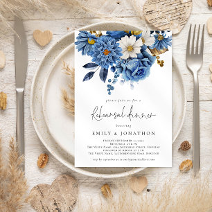 Elegant Navy Blue Gold Florals Rehearsal Dinner  Invitation