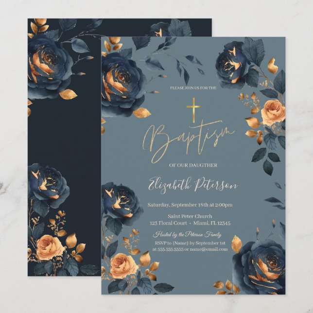 Elegant Navy Blue Gold Flowers Baptism  Invitation (Front/Back)
