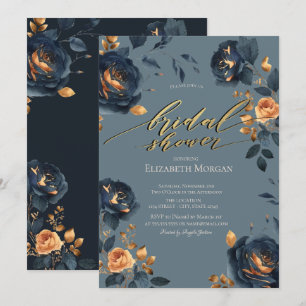 Elegant Navy Blue Gold Flowers Bridal Shower  Invitation