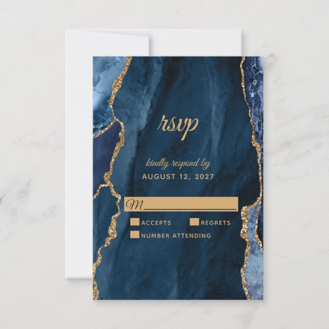 Elegant Navy Blue Gold Foil Agate Wedding RSVP Card (Front)