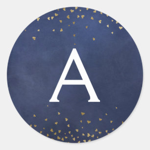 Elegant Navy Blue - Gold Foil Confetti Monogram Classic Round Sticker