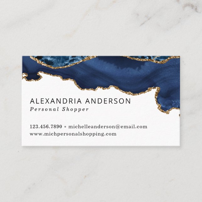 Elegant Navy Blue Gold Foil Marble Agate Sparkle Business Card (Front)